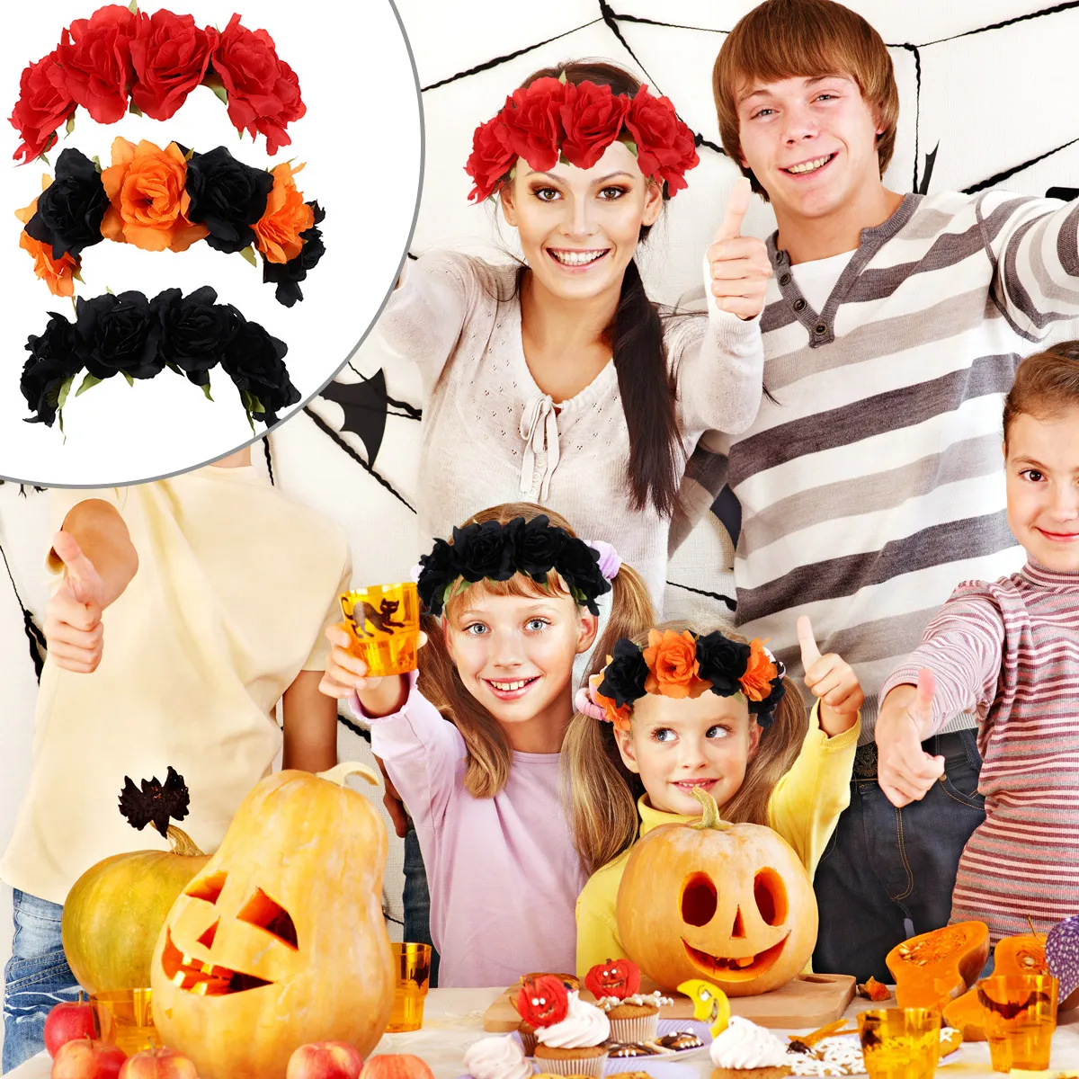 3Pcs Halloween Simulation Flower Hair Headband for Kids Adults Lightweight Elegant Rose Flower Hair Hoop Party Costume Accessory