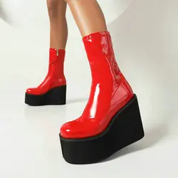 Black Red White Women Ankle Boots Platform Wedges High Heel Ladies Short Boots Patent PU Leather Round Toe Zipper Women's Boots