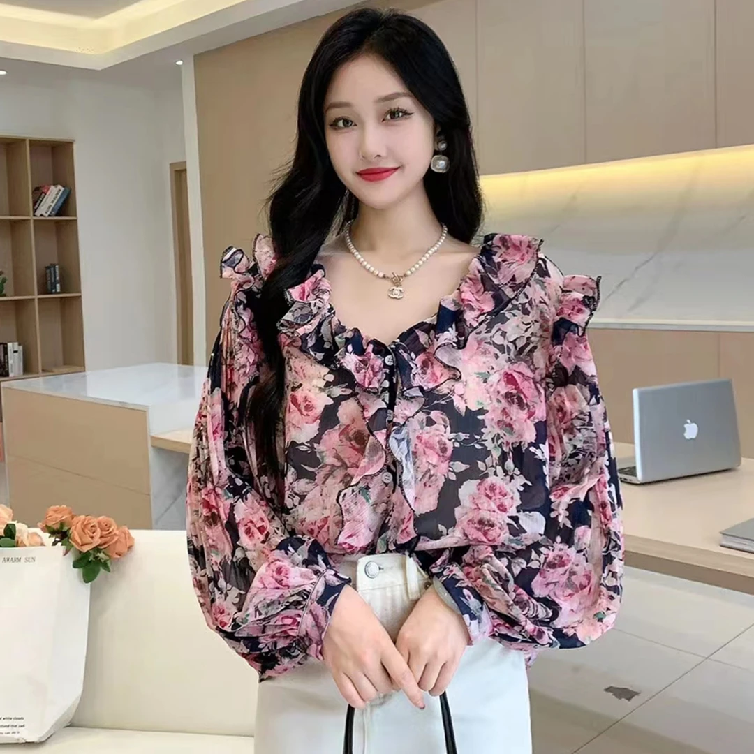 2024 New Spring Autumn Women V-Neck Pleated Long Sleeve Loose Blouse High Quality Sweet Ruffles Chiffon Floral Shirt