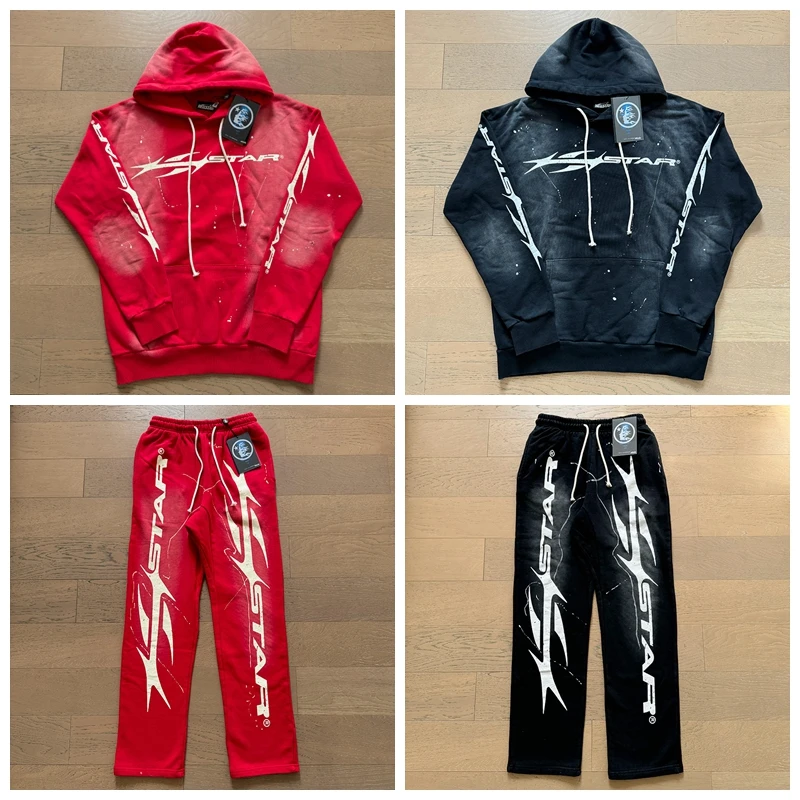 

Street Sle Waed out Hell Star Splatter Letter Print Hoodie Sweatpants Autumn Loose Fit Youth Casual Sportswear Set
