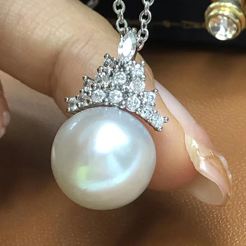 Gorgeous AAAA 10-11mm South China Sea White Round Pearl Pendant Necklace 925 s