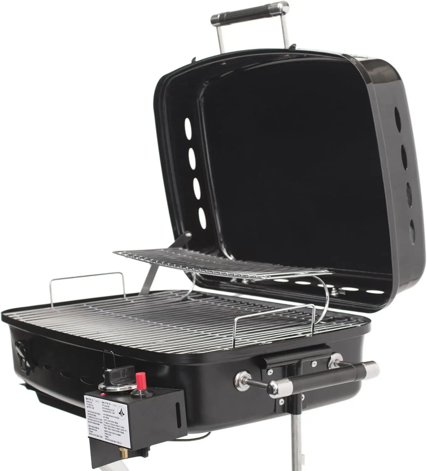 

18-inch portable tabletop charcoal grill with two tiers, side handles, and lid, compact BBQ ideal for outdoor picnics and tailgates