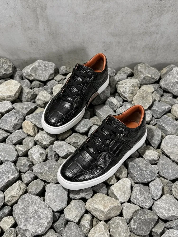 Mens Versatile Crocodile Leather Sneakers Lace Up Platform Casual Genuine Leather Joggers Training Footwear Male Outside Shoes