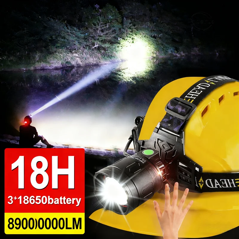 

Use 18hours Super Bright Headlamp 8900000LM Rechargeable Head Flashlight Zoom 2km Headlight Led Head Lantern for Fishing Camping