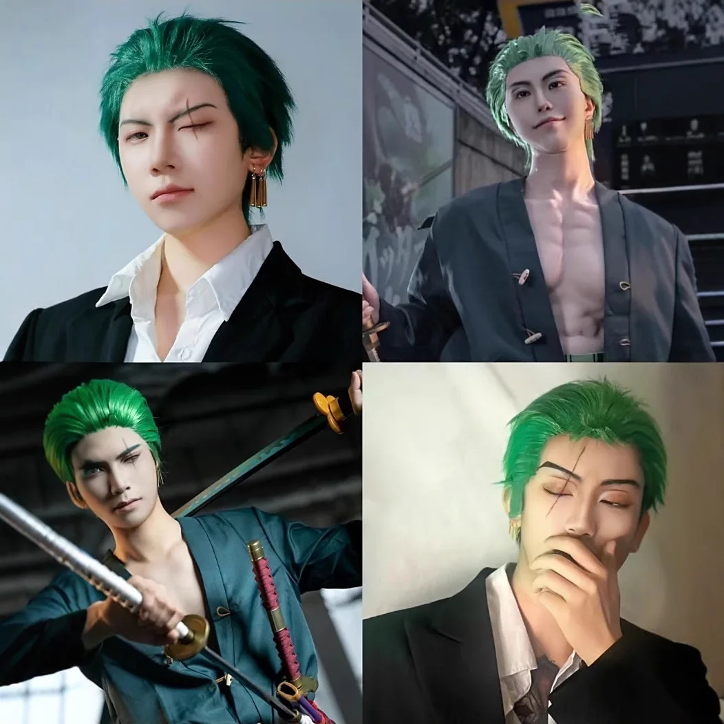 Krótka Zielona Puszysta Peruka Zoro Męska Chłopięca Anime Show Halloween Cosplay Kostium Peruka Zoro Peruka na Imprezę