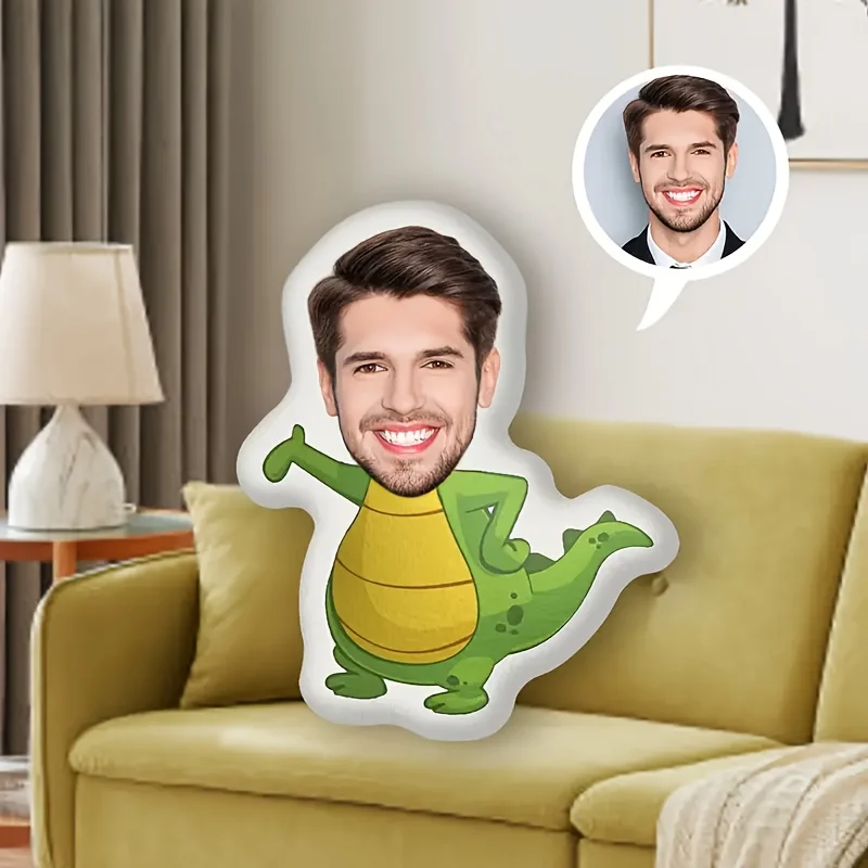Custom Modern Style Dinosaur Throw Pillow with Personalized Face and Body Patterns, Double-Sided Digital Printed Portraits, Hidd