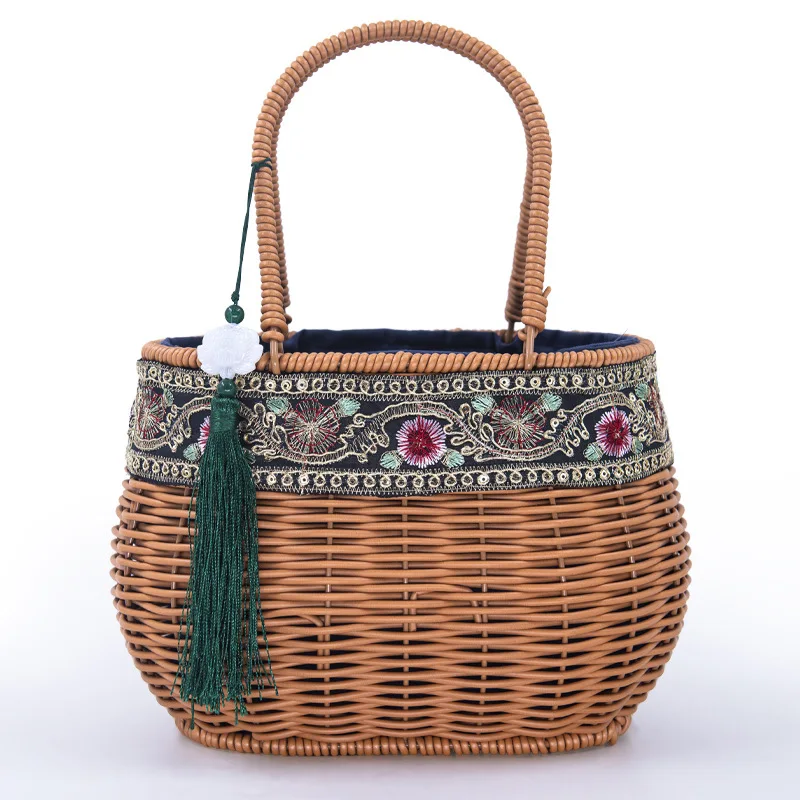

Retro Handmade Wier Handbag Oval Iron Frame Reinforced Storage Basket Ethnic Sle Portable Organizer Basket