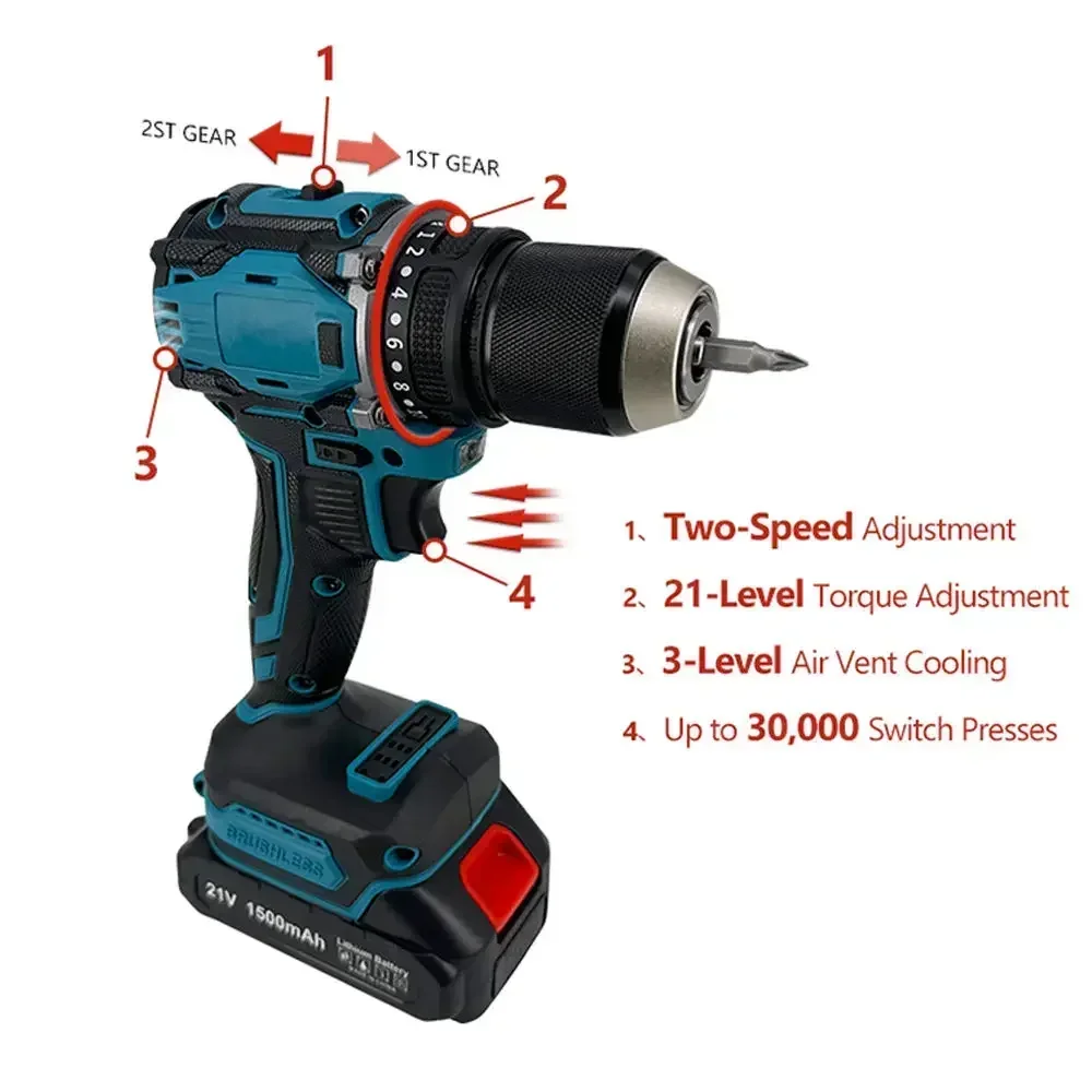 7 pcs Accessories Bit cordless electric drill power tool set 21V Lithium Battery Cordless Power Drill