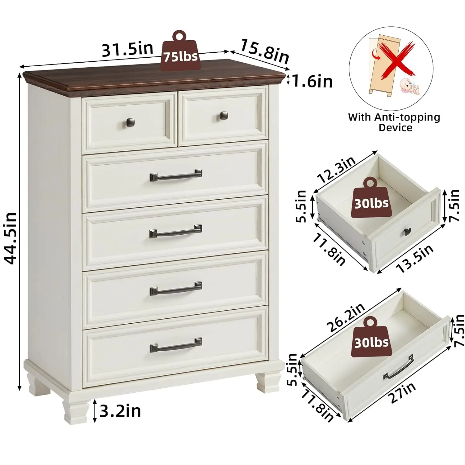 Farmhouse 6 Drawer Dresser for Bedroom, 45 Inch Tall Vintage Wood Chest of Drawers, Rustic Dressers w/Square Wooden Legs, Mid-Ce
