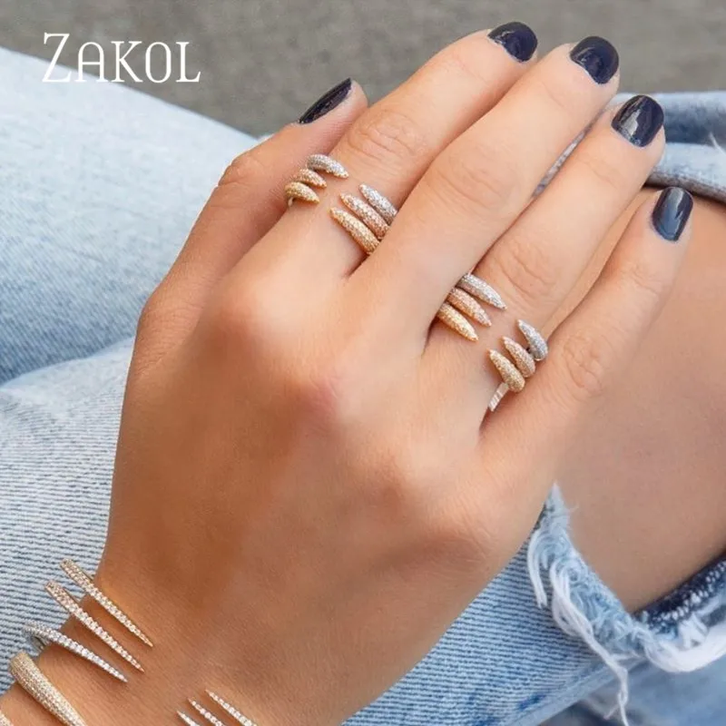 ZAKOL Korea Shinny Wedding Open Rings for Women Fashion Micro Inlaid Cubic Zirconia Adjustable Ring Party RP2266