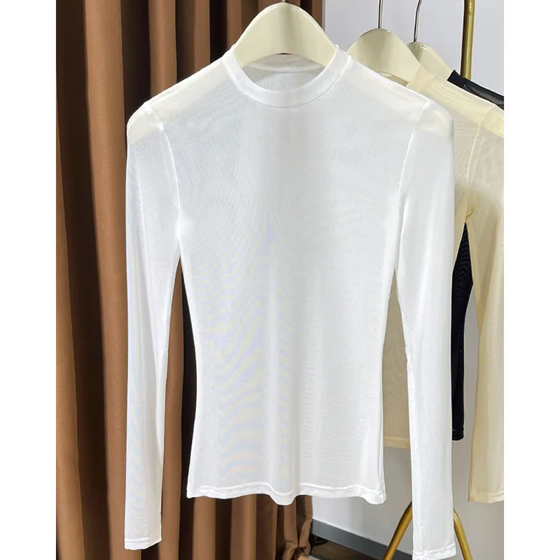 Women's Summer Sheer Sun Protection Tops Solid Color All-Match Long Sleeve Basic T-Shirt Casual Thin Mesh O-Neck Base Tees