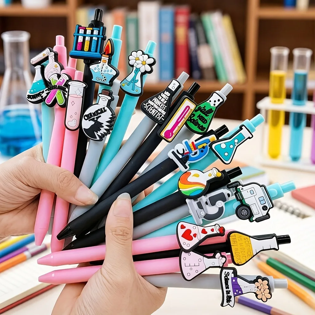 The Ballpoint Pen and Gel Pen with a Chemical Element Theme Feature a Pen Cap with Three-Dimensional Designs Such as Test Tube Molecular Structures