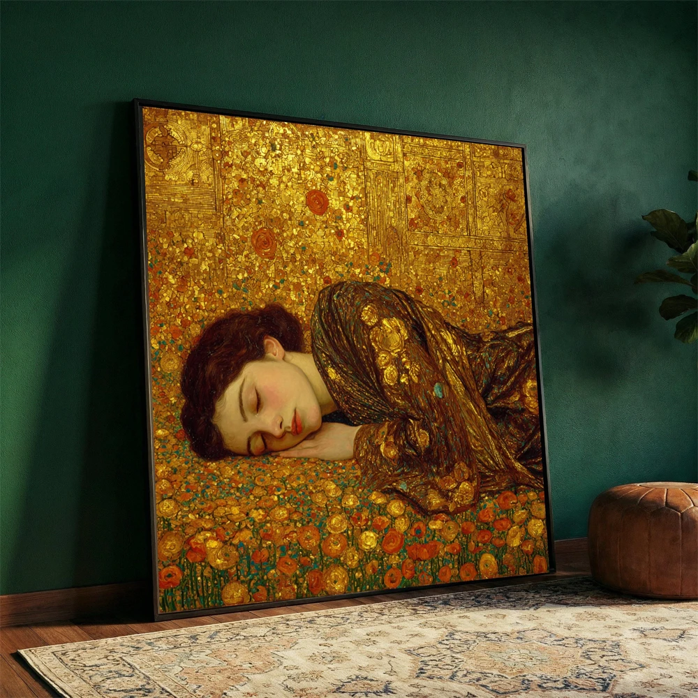 Gustav Klimt Sleeping Woman Canvas Painting Floral Poppy Field Wall Art Prints Decor Bedroom Canvas Poster Elegant Home Decor
