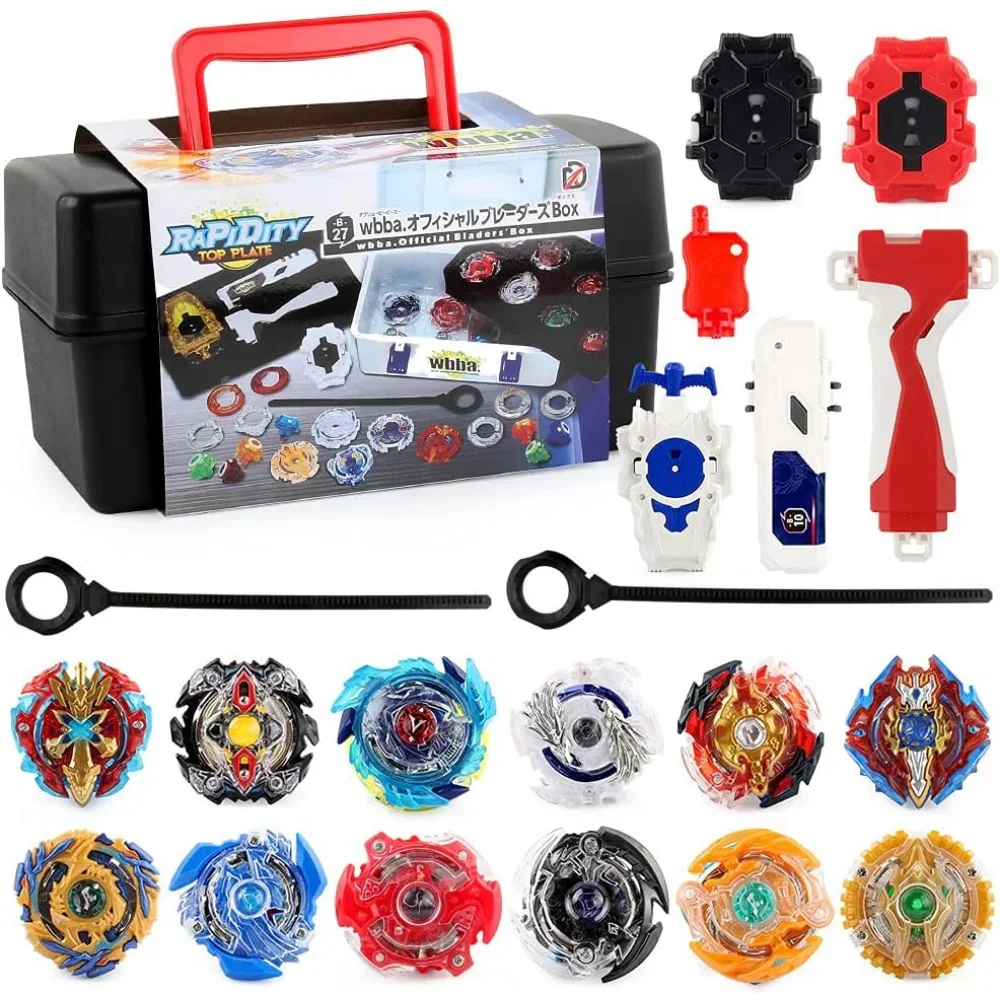 Bleyblade Takara Tomy Top Burst Gyro Toy Set, 12 Spinning Tops & 3 Launchers with Black Storage Box, Birthday Boys Girls