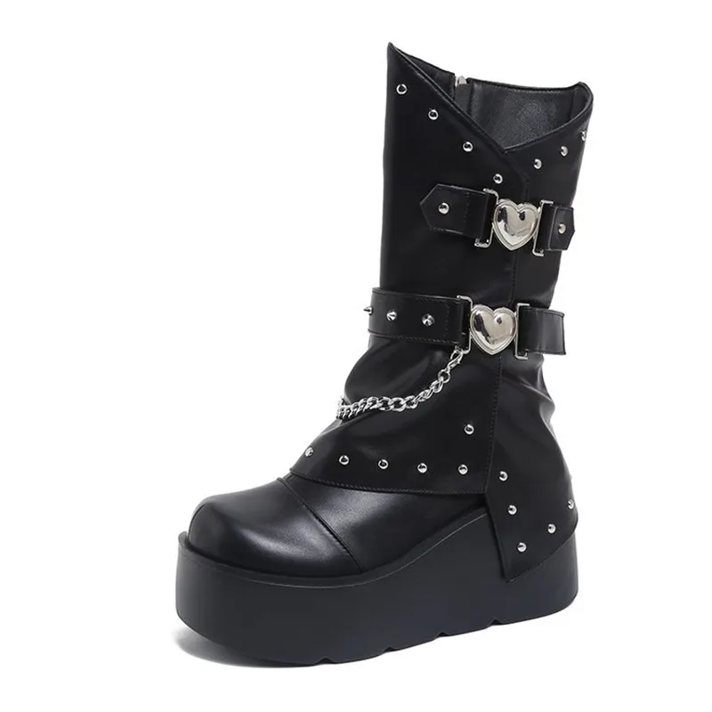 

8CM Women Punk Boots Platform Personalized Chain Design Shoes Cool Boots Retro Chunky High Quality Lace Up Casual Outdoor Shoes