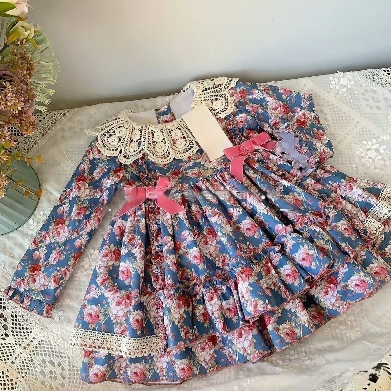 

0-8Y Baby Girl Autumn Blue Floral Vintage Princess Dress for Birthday Photography Holiday Eid C337