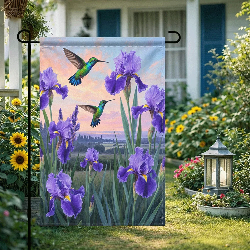 

1PC Hummingbird & Purple Iris Garden Flag, Double Sided Spring Summer Floral Bird Yard Flag, Sunset Countrysi