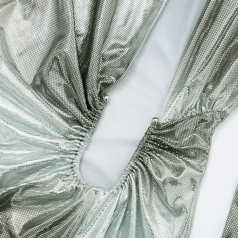 Frauen Sexy Gradient Shiny Vergoldung Band Asymmetrische Party Kleid Tiefem V-ausschnitt Langarm Geraffte Bodycon Midi Kleider Clubwear