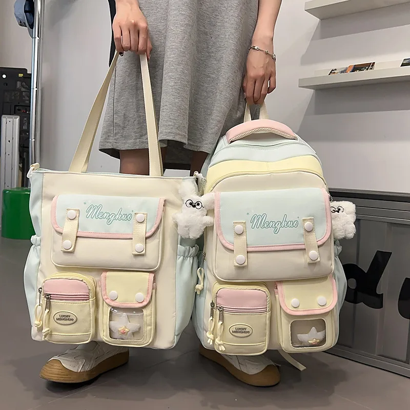 2Pcs  Backpack and Tote Bag Set Pastel Color Multi Pocket School Bag for Teen Girls Cute Student Daypack with Pendant