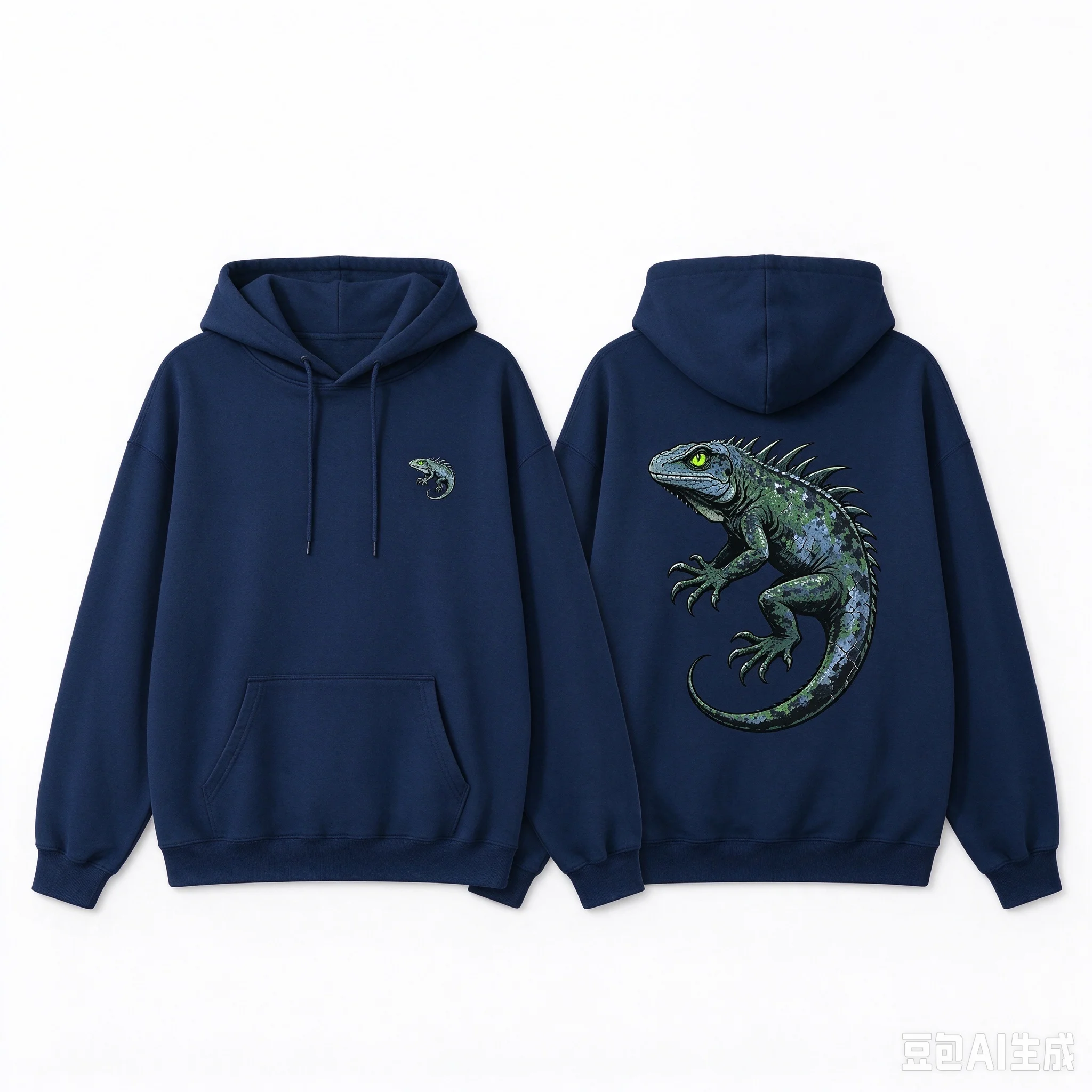 Men's Loose Drawstring Hoodie, Right Chest Small Lizard Badge, Back Large Lizard Graphic Pullover, Streetwear Casual Sweatshirt