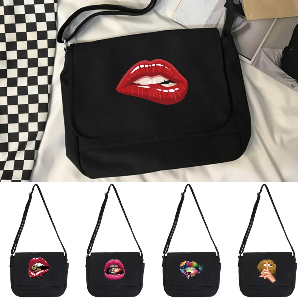 Canvas Handbags Japanese School Shoulder Harajuku Mouth Print Leisure Large Capacity Messenger Male Female Tote Bag Women's Bags