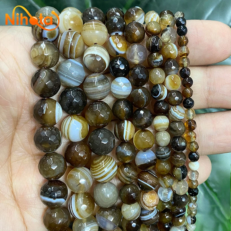 Natural Faceted Coffee Striated Agates Onyx Beads Smooth Round Loose Beads DIY Accessories Bracelet Earrings 15\'\' 4/6/8/10/12mm