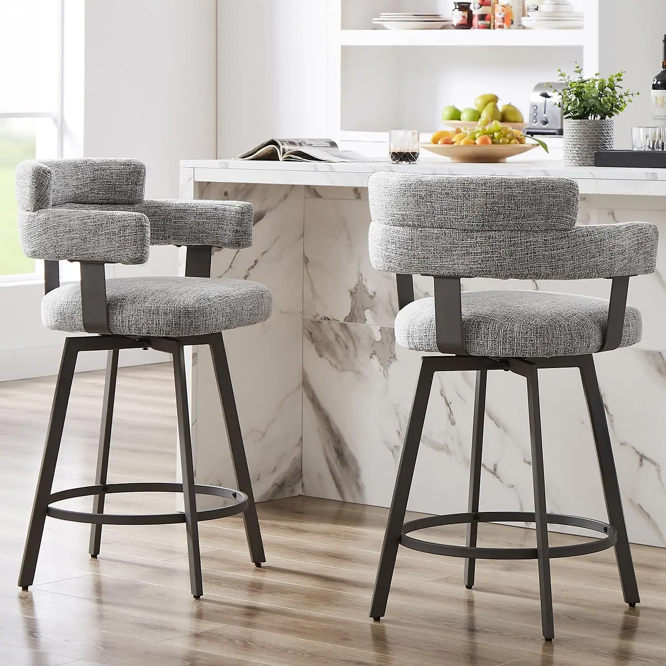 

Counter Height Bar Stools with Full Back – Swivel Counter Stools Set of 2 with Linen Padded Back, Metal Footrest, Modern