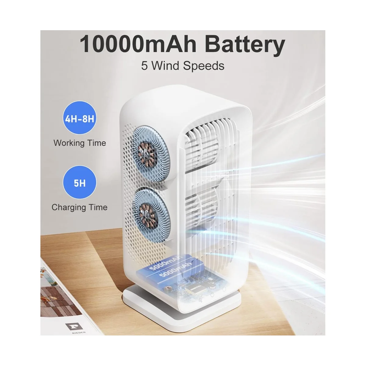 Desk Fan,10000MAh Battery Operated Tower Fan Portable Fan Small Personal Table Fan, Oscillating Fan, 5 Speed Cooling Fan