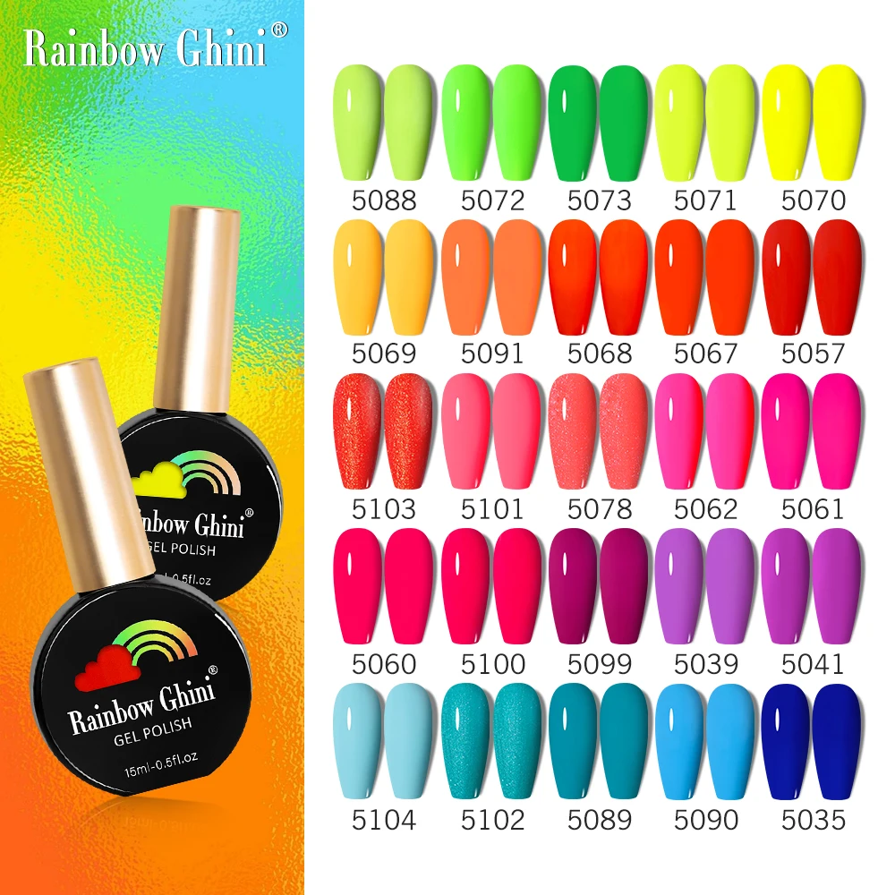 Rainbow Ghini 15ml Neon Gel Nail Polish Candy Fluorescence Colors Semi Permanent UV Varnish Hybrid Gel Paint Nail Art Glue Bar