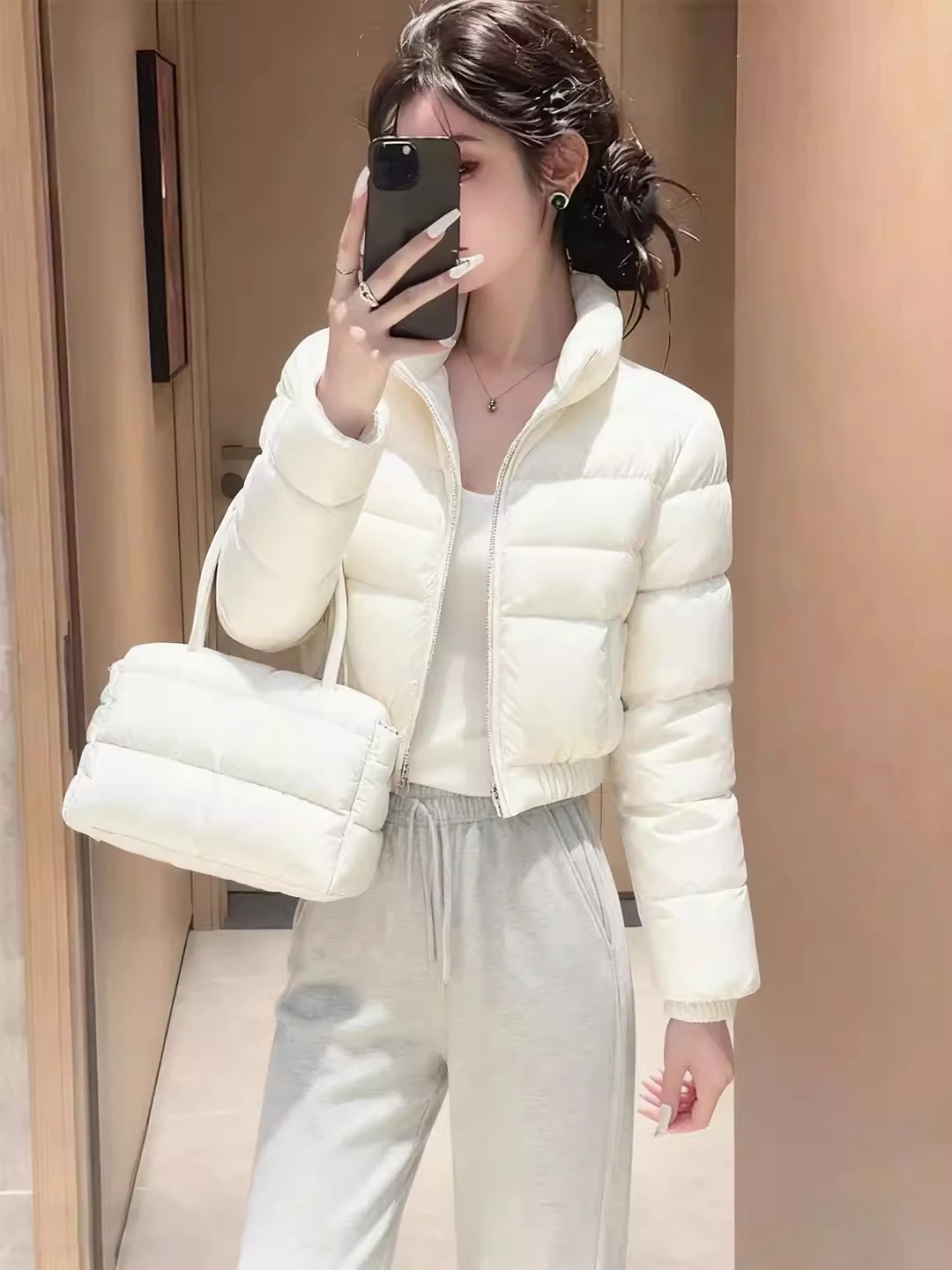 Spring 2026 Early White Short down Cotton Jacket Zipper Slimming Warm Bread Style Coat Korean Style Commute Thickened Long Sl...
