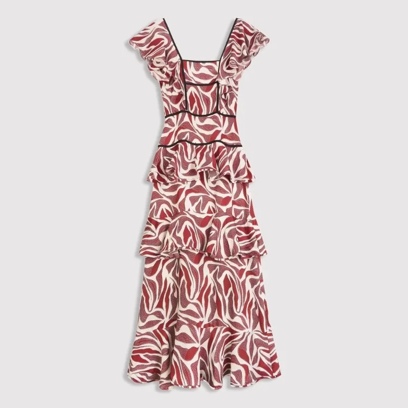 2025 여름 여성 러플 보헤미안 맥시 드레스 우아한 Y2K 반팔 V넥 코르셋 백리스 프린트 레이어드 휴가 비치 드레스