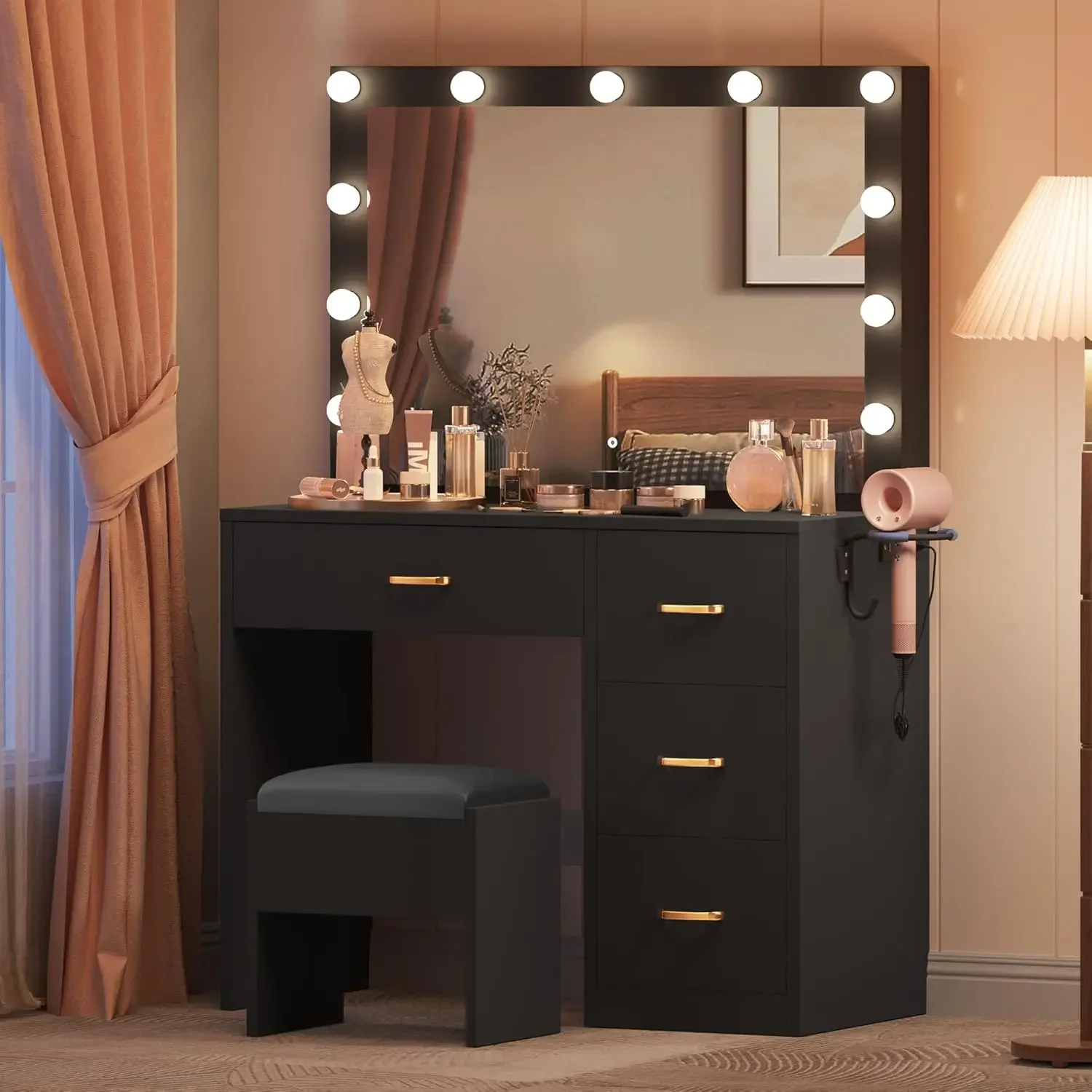

Vanity Table, Vanity Desk Set with Large Mirror, LED Lights with Adjustable Brightness, Bedroom Vanity Table