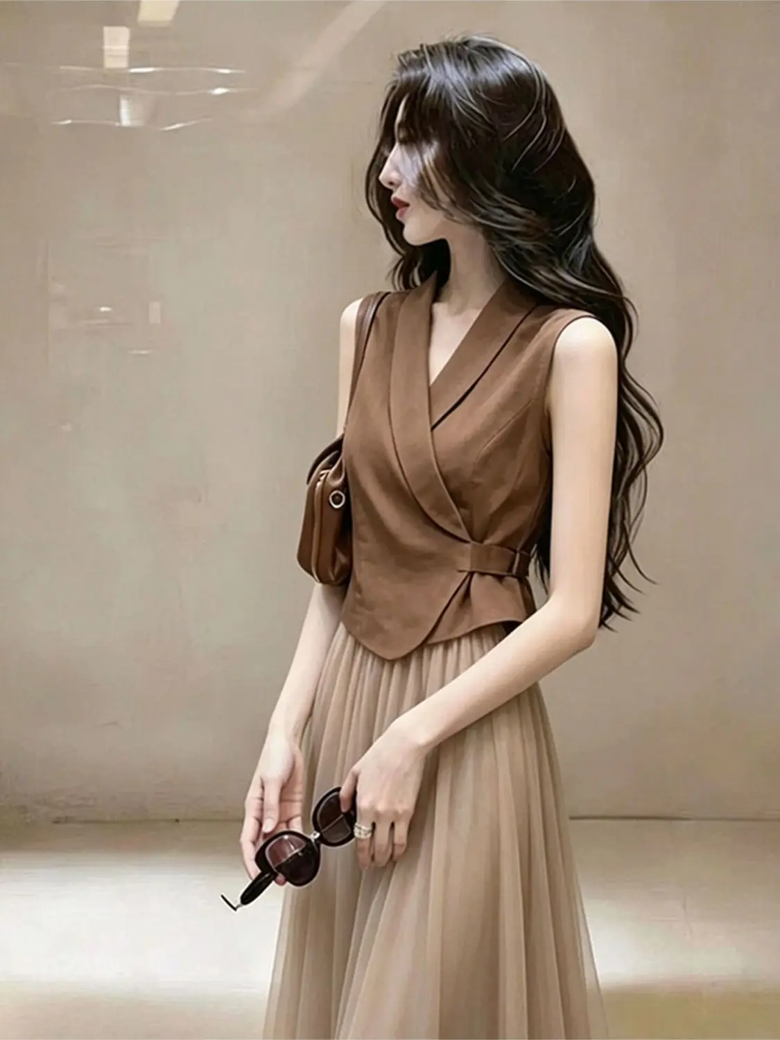 

New Fashion Design Women's Suit Summer High End Lapel Sleeveless Slim Vest Top + A-line Mesh Skirt Elegant Two Piece Set