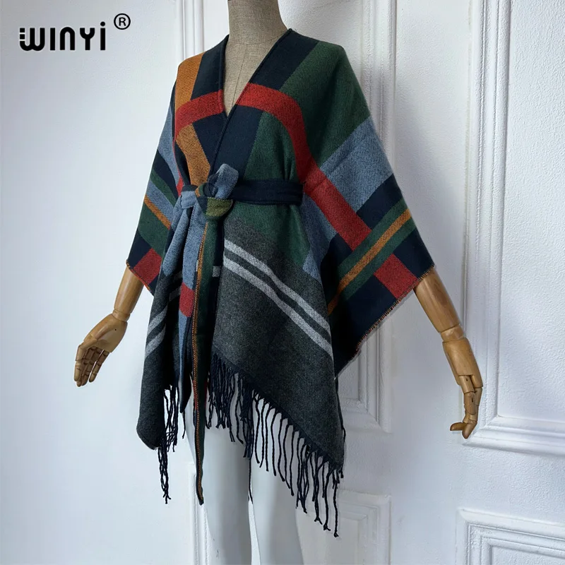 WINYI Winter plaid cardigan Africa women clothes maxi jacket Warm coat fashion abaya cloak poncho for women cape loose dress