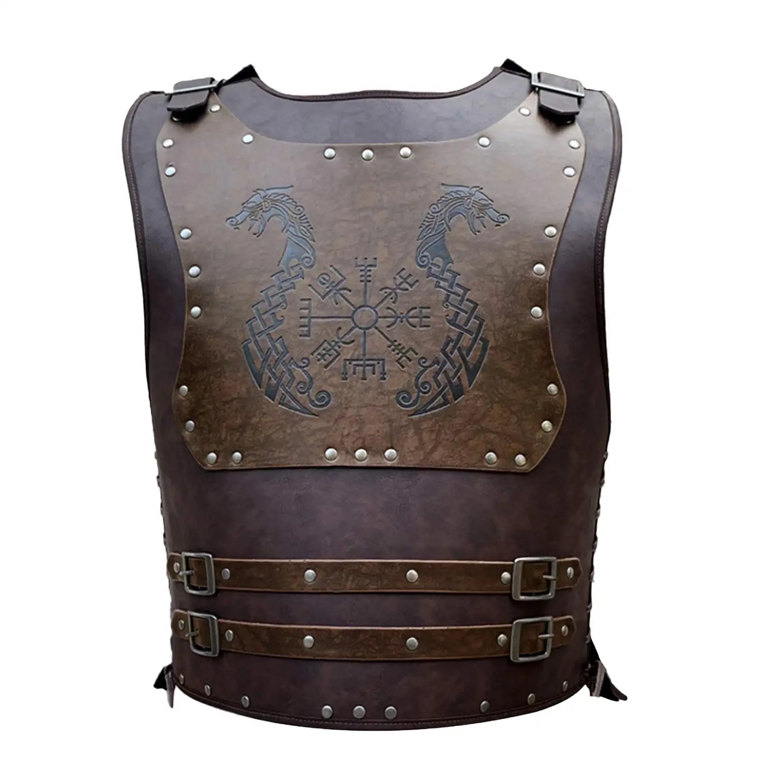 Adjustable Viking Warrior Armor Embossed Viking Costume PU Leather Knight Vest Chest Armor for Cosplay Larp Party Halloween