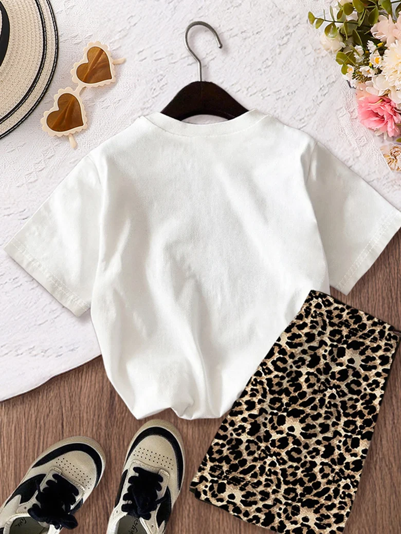 2-Piece Set of Fashionable Girls' Clothing: Big Girl Bowknot Print Round-Neck Short-Sleeve Top + Leopard Print Elastic Waist Shorts, Outdoor Stylish and Youthful Comfortable Outfit for Girls, Casual Children's Clothing for Daily Outings