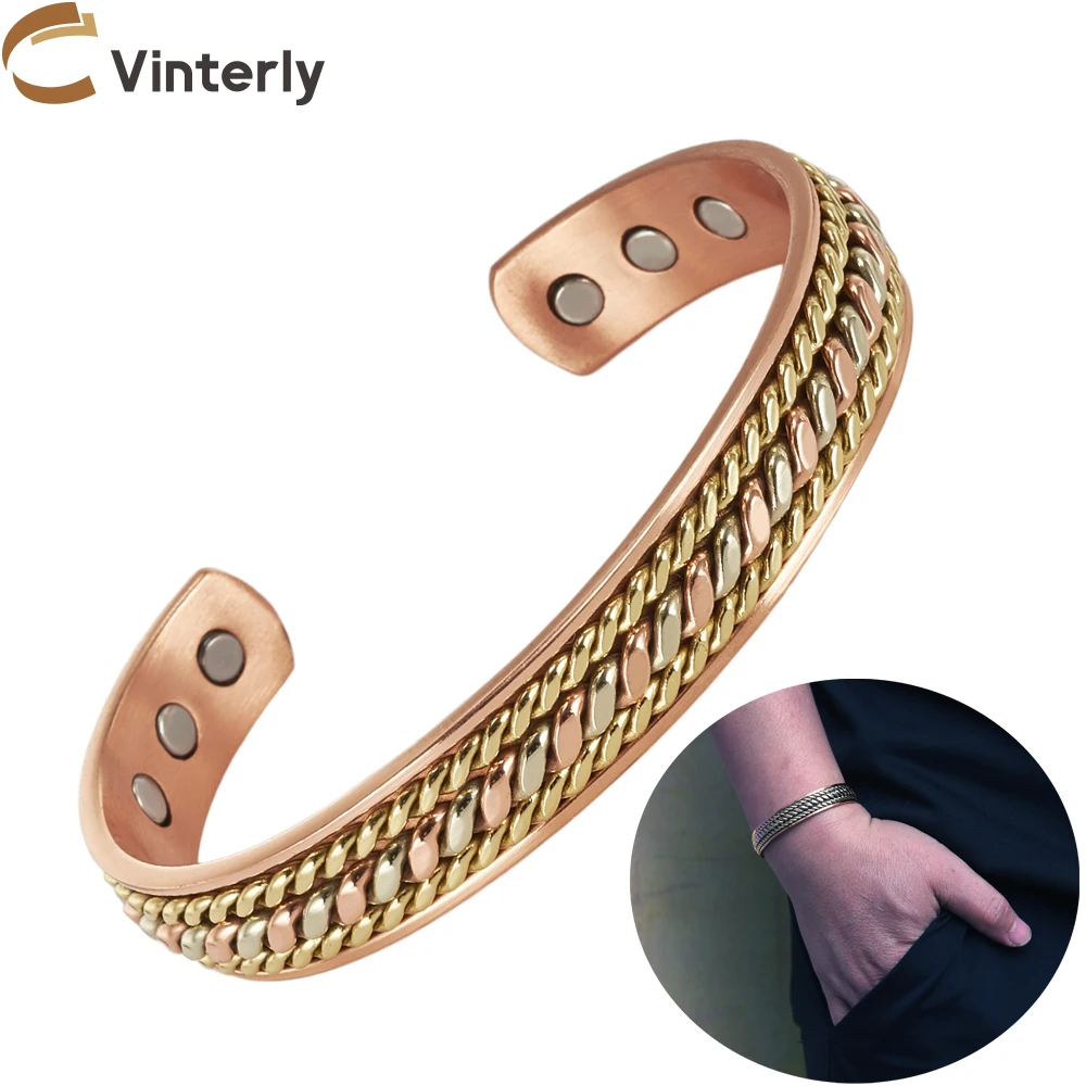 Vinterly Pure Copper Bracelets Magnetic Adjustable Braided Cuff 12mm Bangles Soft Metal Resizable Health Jewelry Men Women