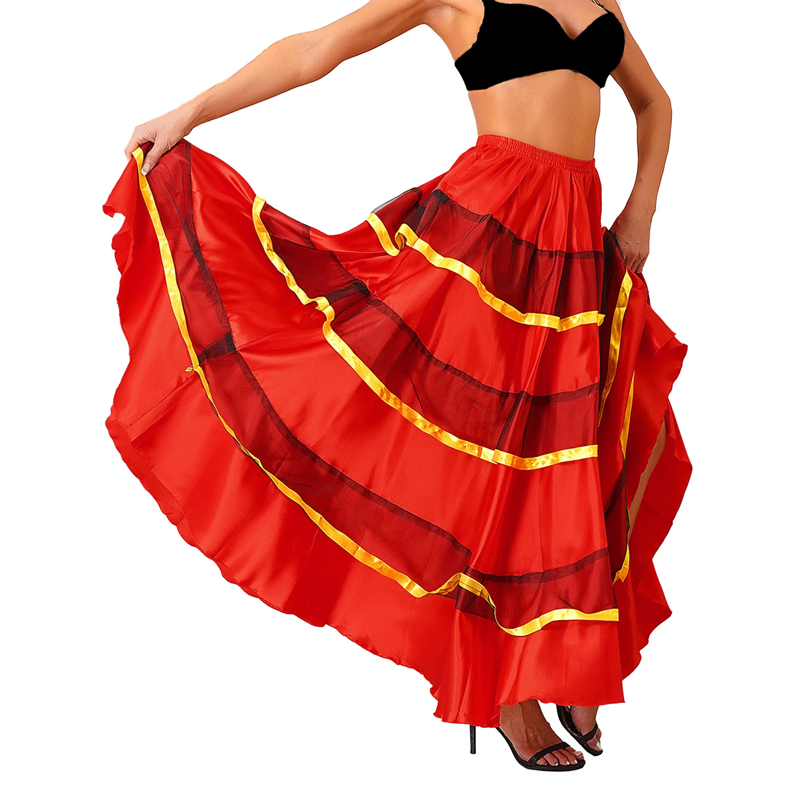 

Womens Gypsy Flamenco Big Swing Dance Skirt Tiered Ruffles Wide Hemline Ballroom Belly Spanish Dancing Skirts Carnival Costume