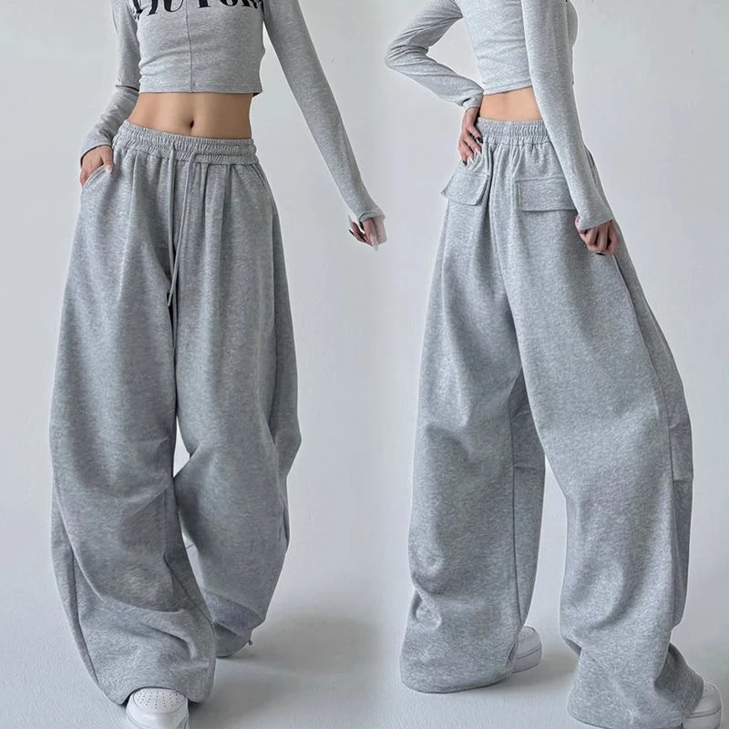 American Grey Hip Hop Wide Leg Straight Floor-Length Pants Women's Jazz Drape Lazy Style Loose Casual Sports Sweatpants