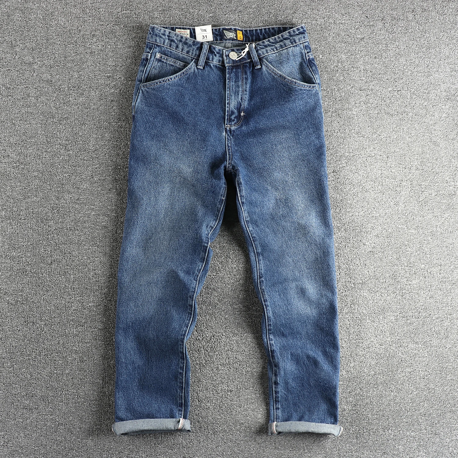 

Japanese Retro Loose Straight Wide-Leg Dad Jeans American Casual Streetwear Classic Deep Blue Amekaji Denim Pants for Men
