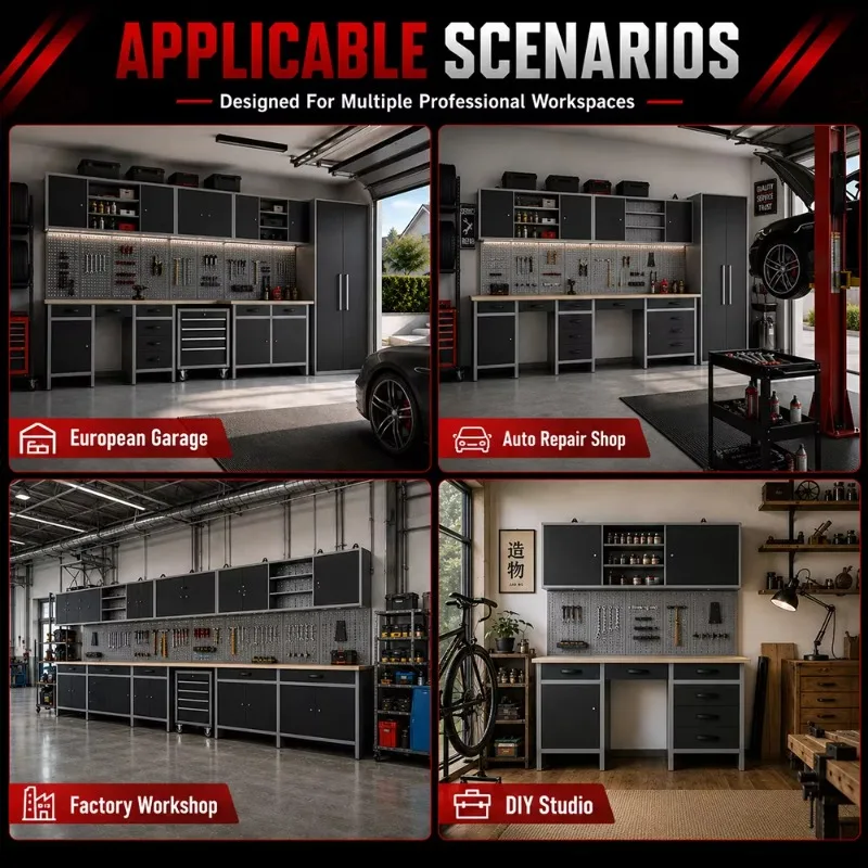 Superior Heavy Duty Wall Cabinet Combined with Pegboard and Workbench, Ideal for Garage Tool Storage and Factory Workshop