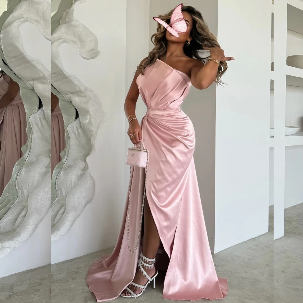 

Satin Pleat Valentine's Day A-line Strapless Bespoke Occasion Gown Long Dresses