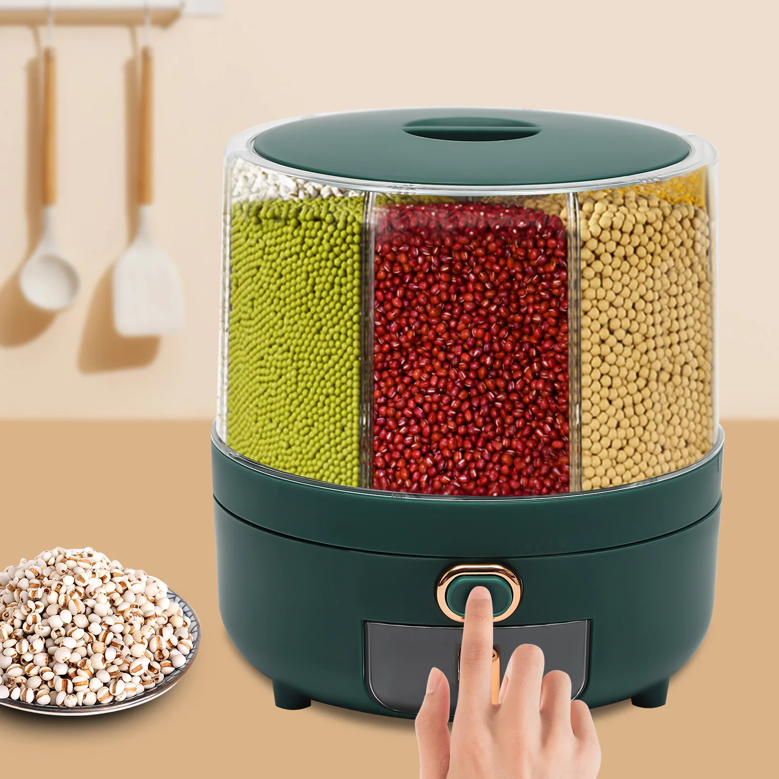 Grain Storage Container Tank 6-Grid Rice Dispenser Rotating with Lid Fit Kitchen