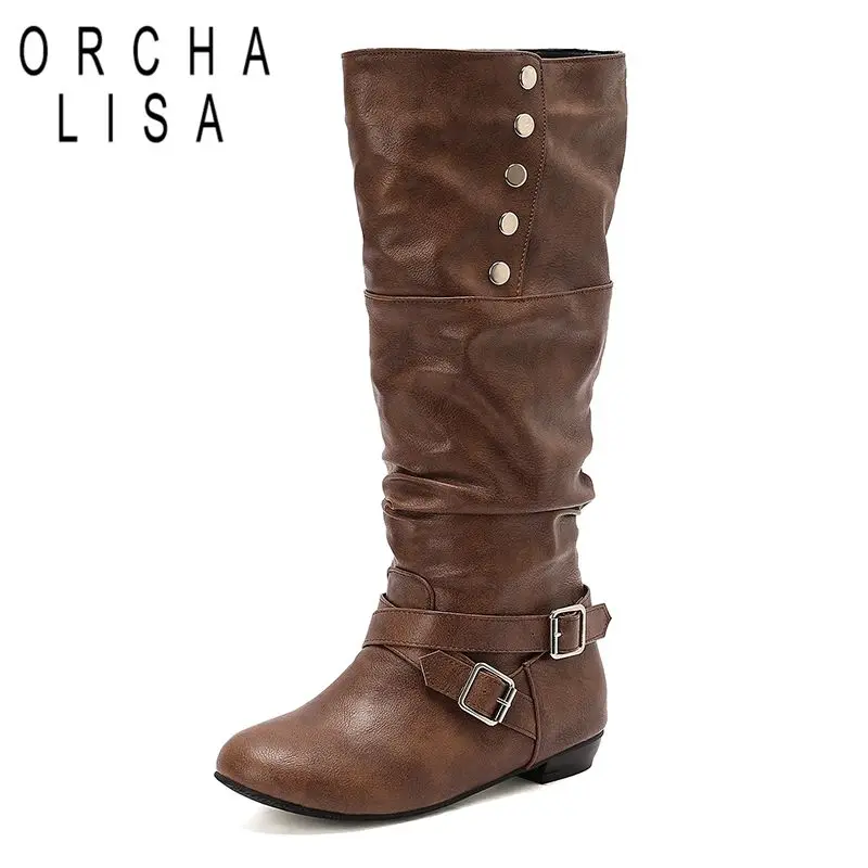 

ORCHA LISA 2025 Ретро женские сапоги до колена плиссированные с круглым носком на плоской подошве без шнуровки с заклепками и пряжкой на ремне большой размер 44 45 для отдыха на каждый день