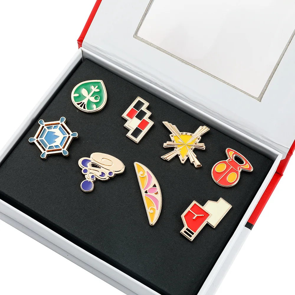 Pokemon-Abzeichen-Box-Set Kanto Johto Hoenn Sinnoh Unova Kalos Orange League Region Pins Broschen Taschenmonster-Sammlerstücke
