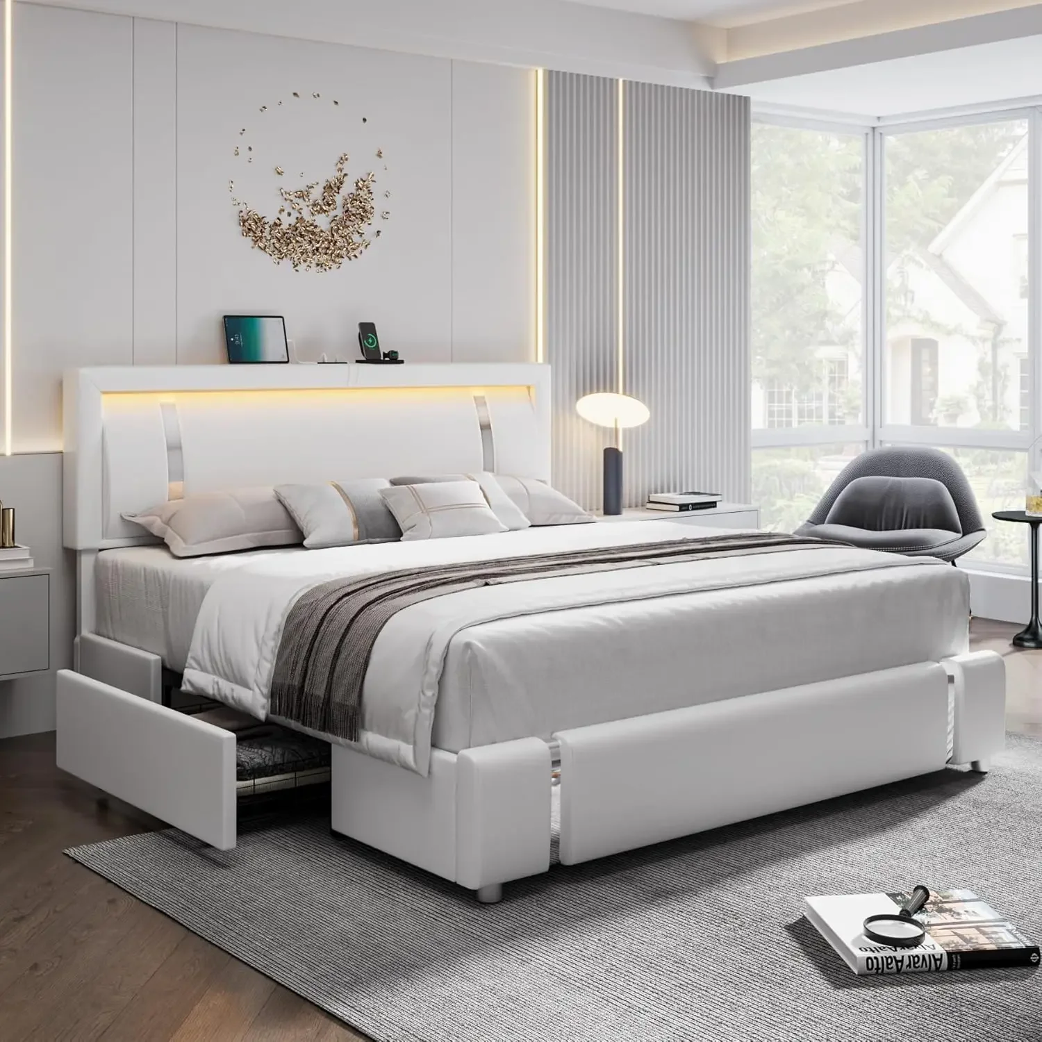 Full Size Bed Frame with RGB LED Lights Headboard & 2 Storage Drawers, Modern Upholstered Faux Leather Smart Platform Bed