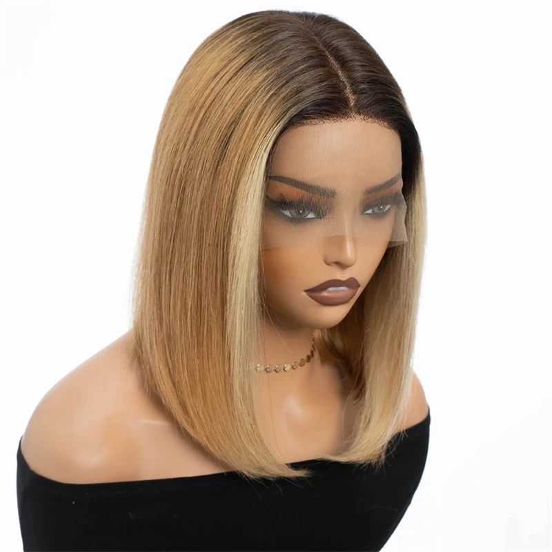 

Ombre Ash Blonde 13x4 HD Lace Front Human Hair Wigs Skinlike Straight Short Bob Wig For Women Pre plucked 5x5 HD Closure Wig