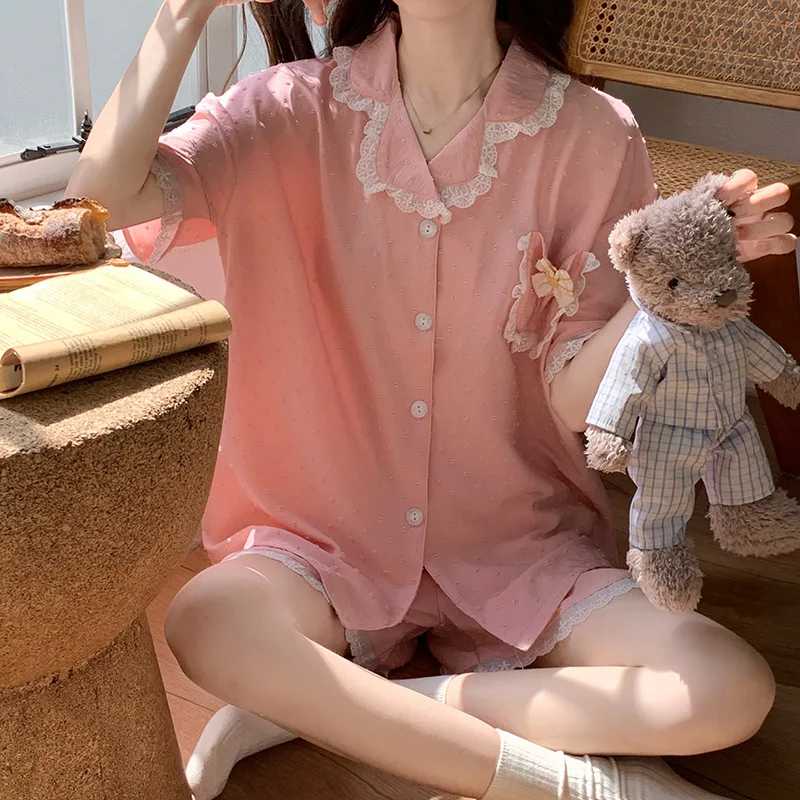 

Ling Summer Thin Short Pajamas 2 Pcs Sweet Ruffle Lace Princess Style Homewear Female Loungewear Cardigan Home Clothes Sleepwear