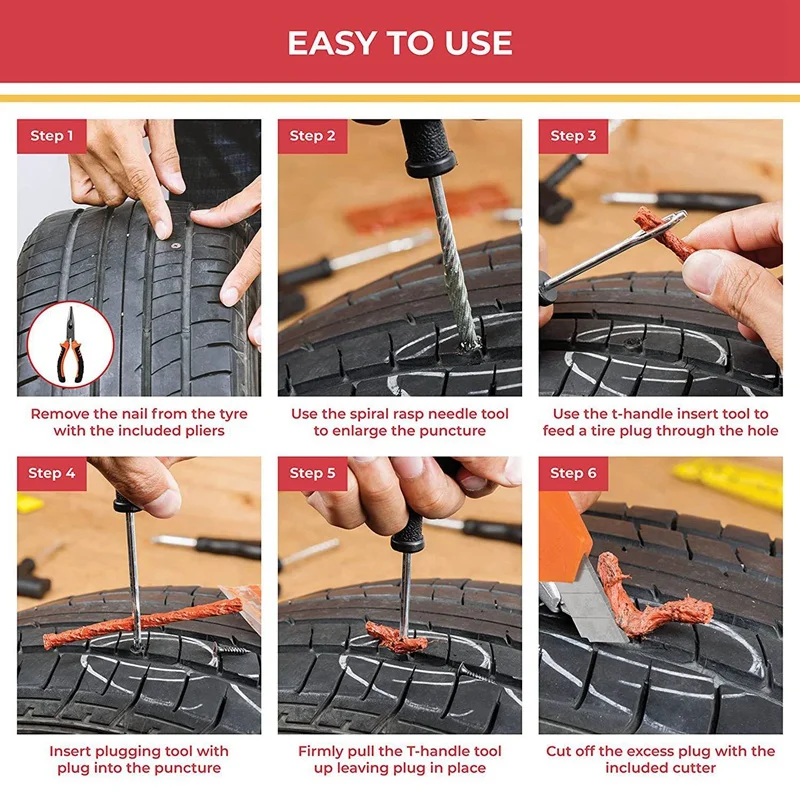 98Pcs Auto Tire Repair Kit Heavy Duty Tubeless Car Tire Repair Tool For Car, Truck, Van, Trailer, Camper, Motorcycle