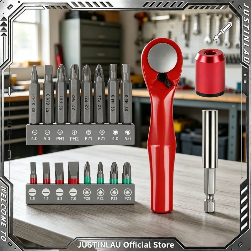 JUSTINLAU Multi‑Function 19‑Piece Red Ratchet Wrench Kit Screwdriver Drill Bits Phillips Slotted Special Shape Short Bits Set